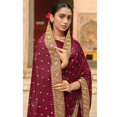 Maroon Embroidered Vichitra Silk Saree