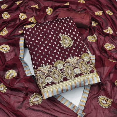 Maroon Embroidered With Embellished Chanderi Dress Material