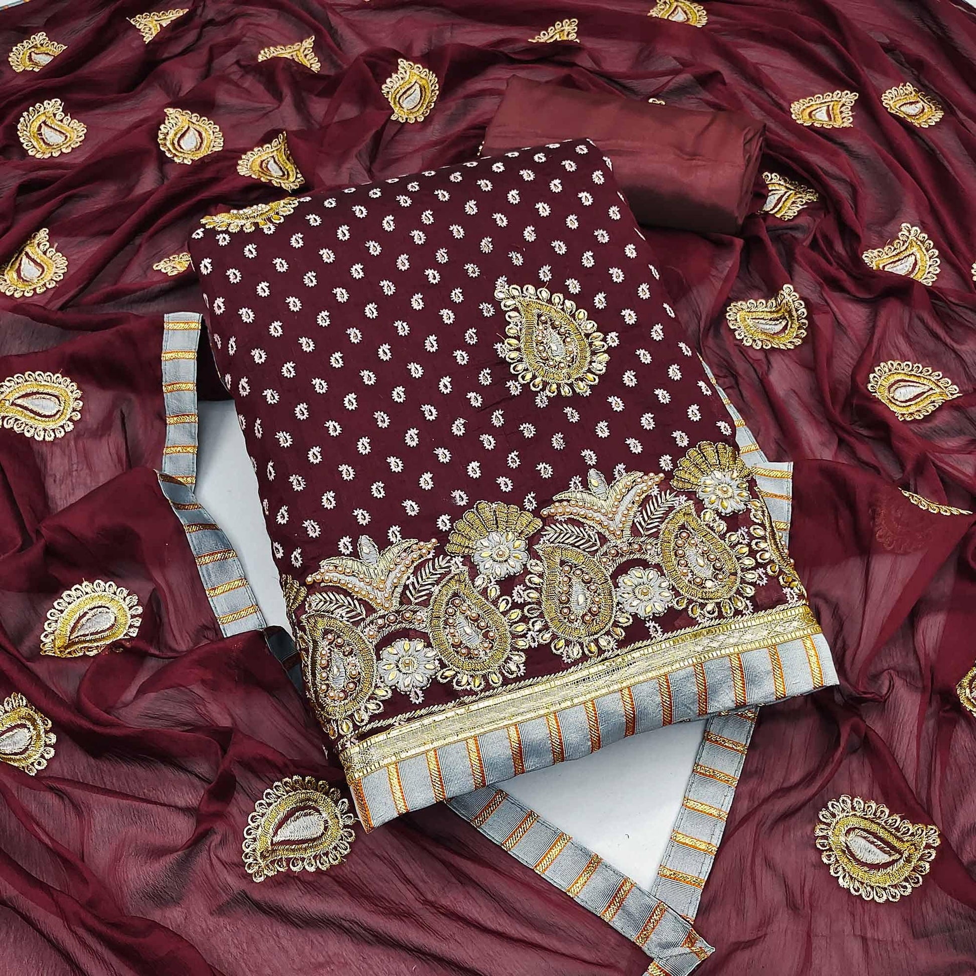 Maroon Embroidered With Embellished Chanderi Dress Material