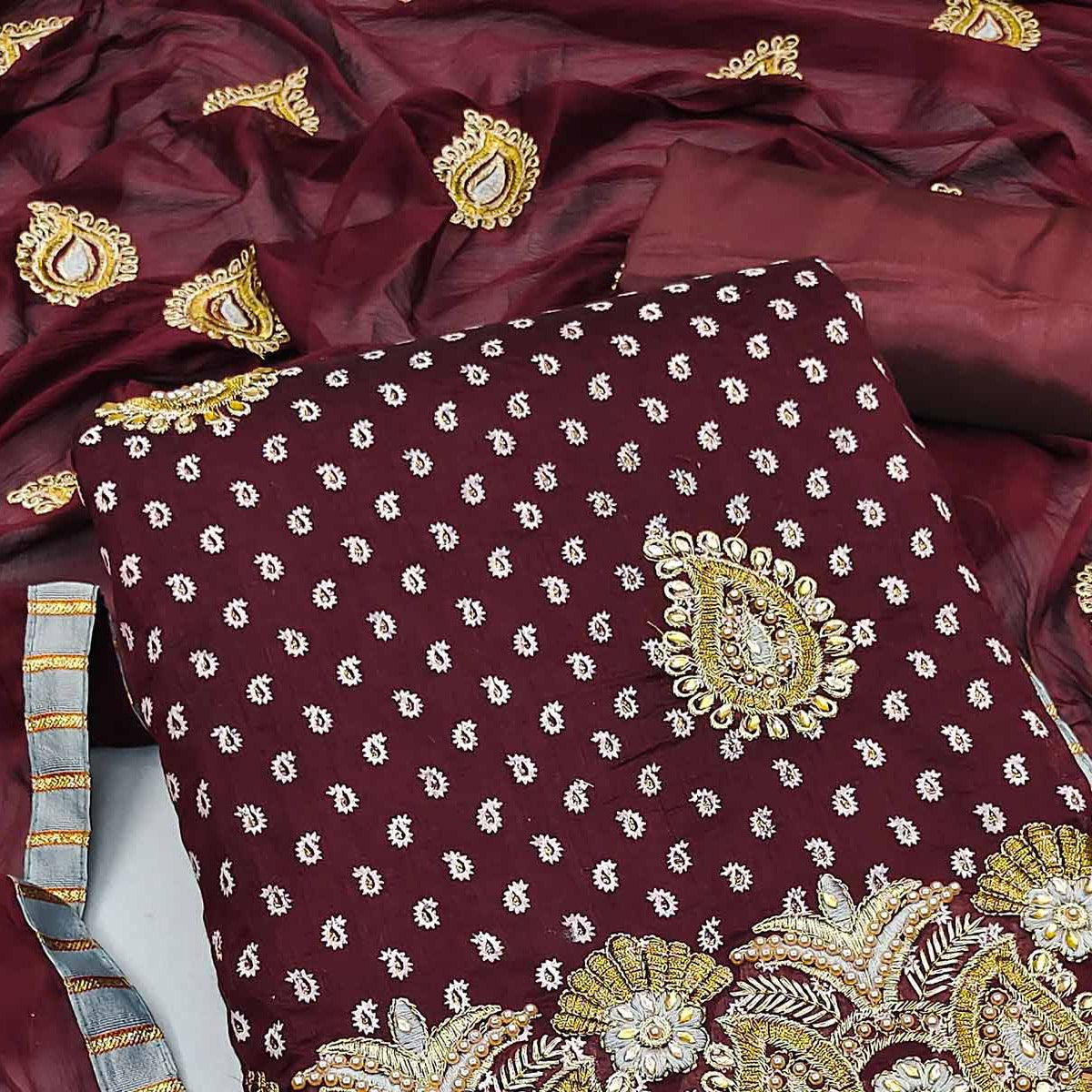 Maroon Embroidered With Embellished Chanderi Dress Material