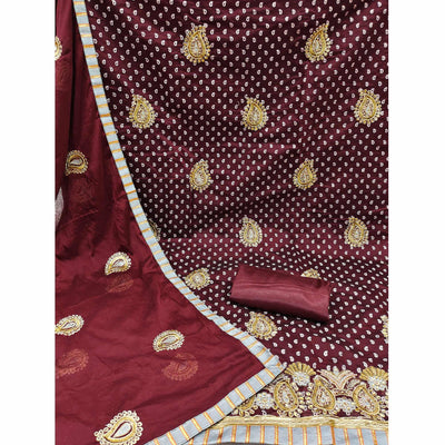 Maroon Embroidered With Embellished Chanderi Dress Material