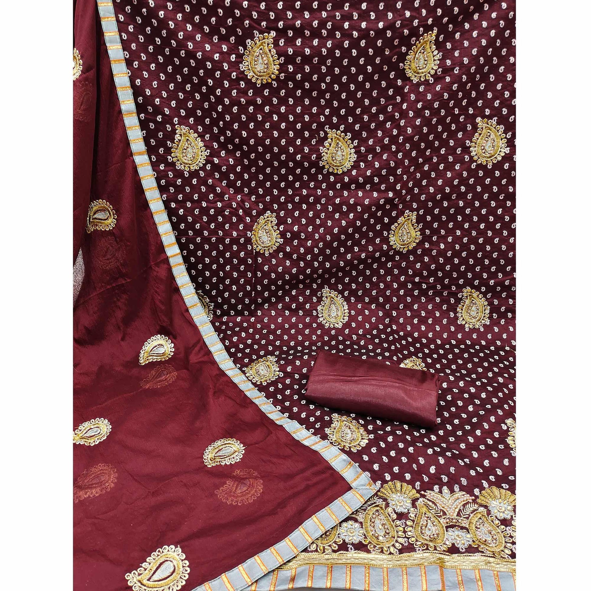 Maroon Embroidered With Embellished Chanderi Dress Material