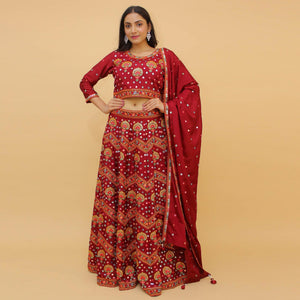 Maroon Embroidered With Embellished Chiffon Lehenga Choli