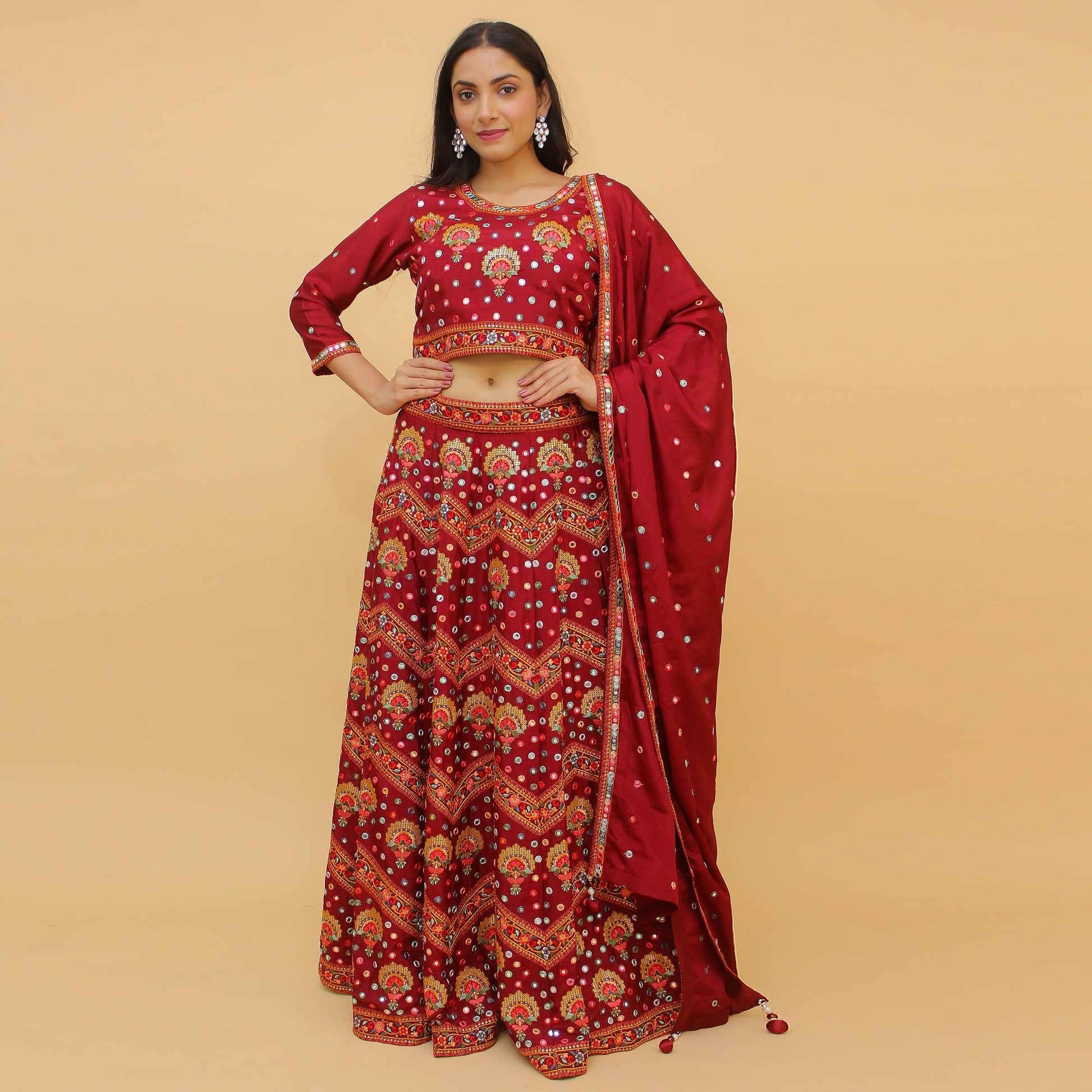 Maroon Embroidered With Embellished Chiffon Lehenga Choli