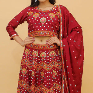 Maroon Embroidered With Embellished Chiffon Lehenga Choli