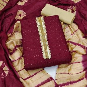 Maroon Embroidered With Embellished Cotton Blend Dress Material