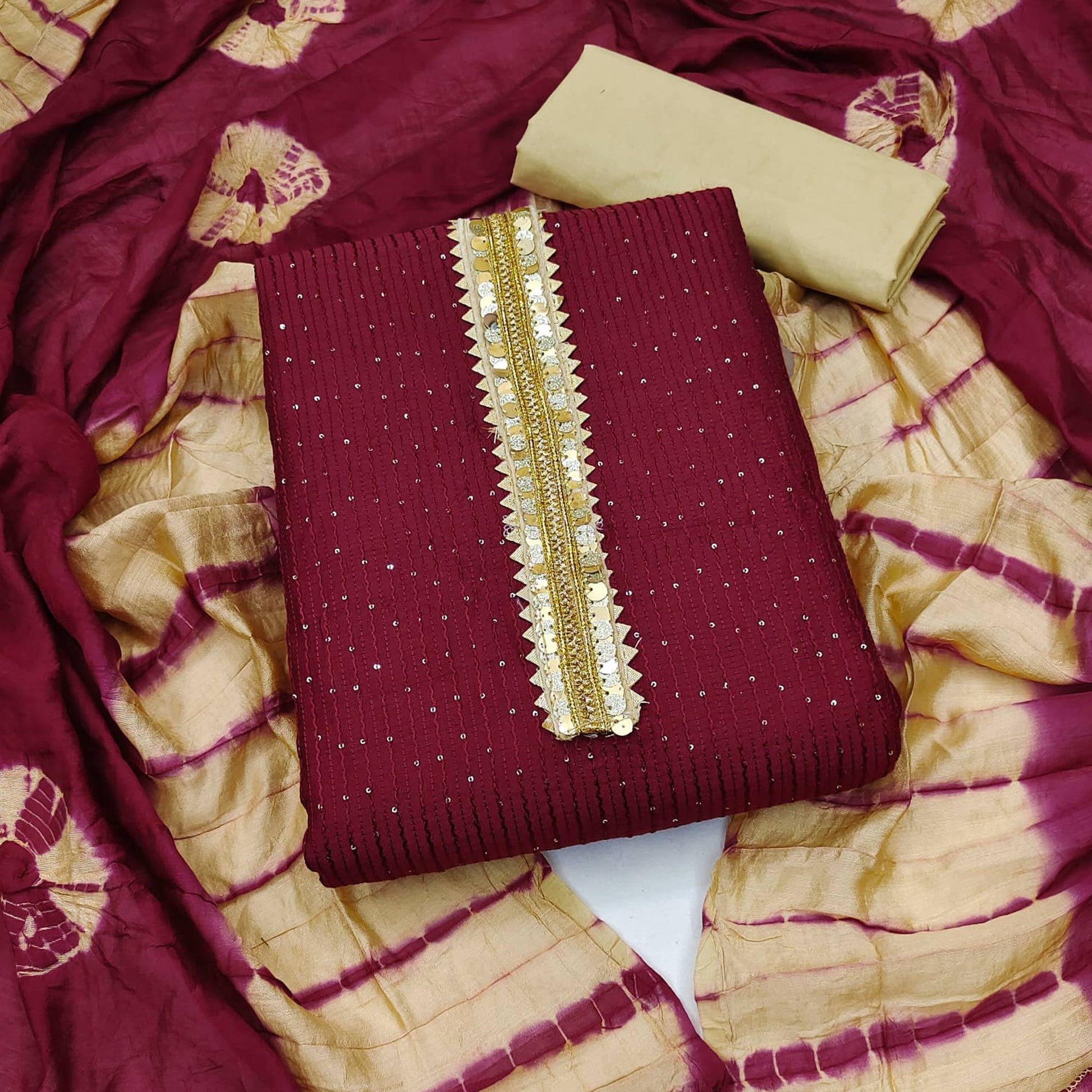 Maroon Embroidered With Embellished Cotton Blend Dress Material