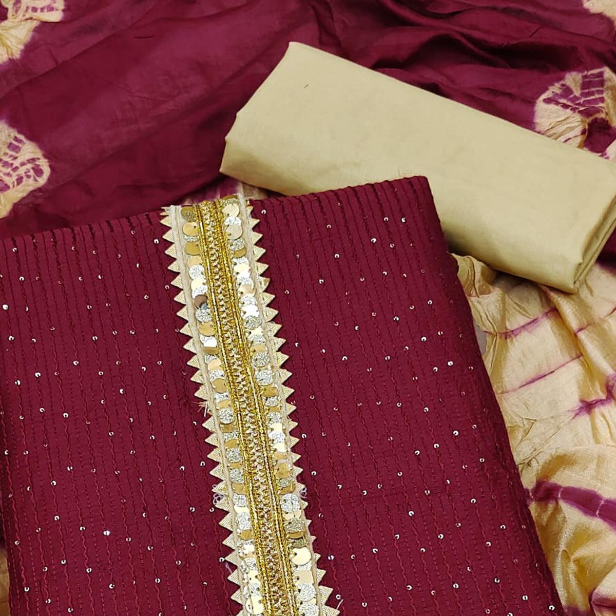 Maroon Embroidered With Embellished Cotton Blend Dress Material
