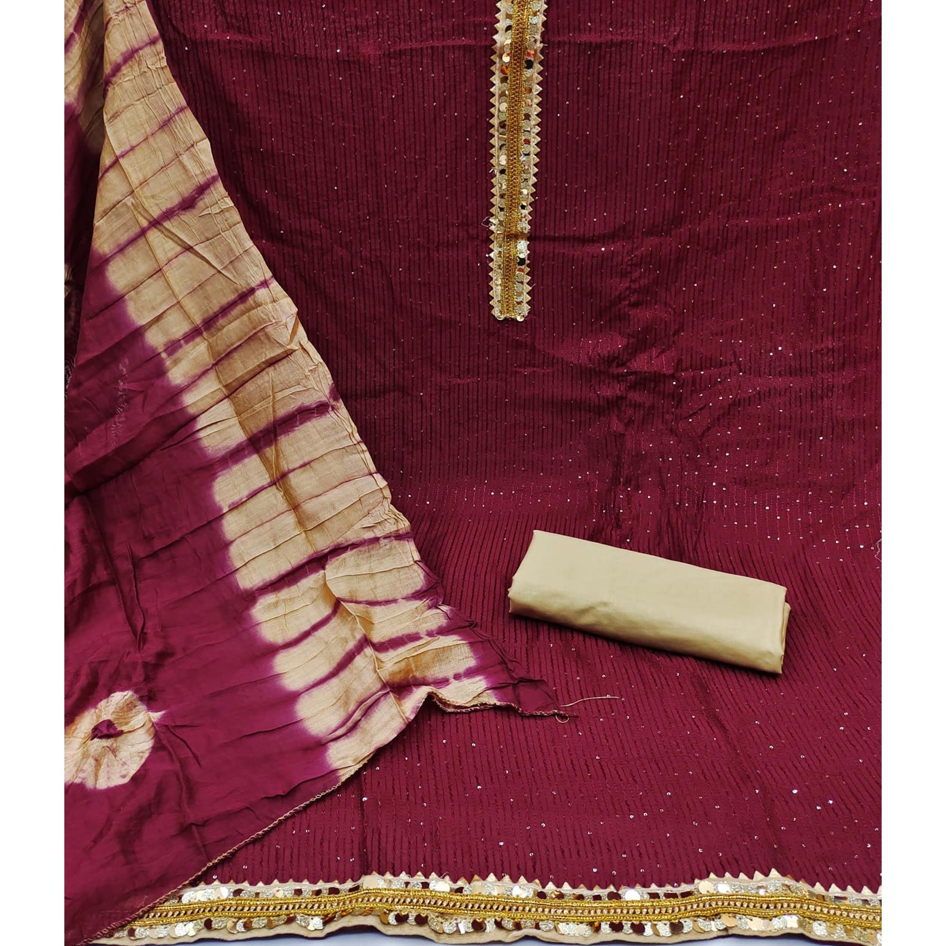 Maroon Embroidered With Embellished Cotton Blend Dress Material