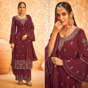 Maroon Embroidered With Embellished Georgette Palazzo Suit
