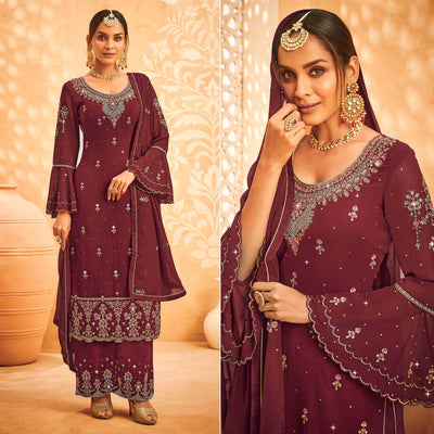 Maroon Embroidered With Embellished Georgette Palazzo Suit