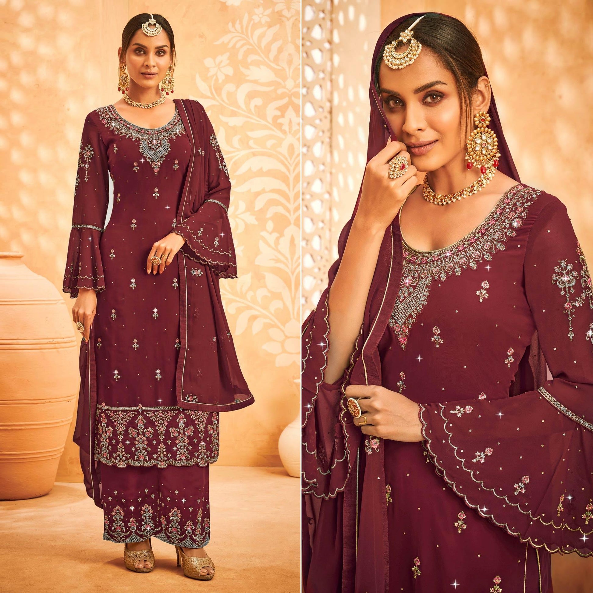 Maroon Embroidered With Embellished Georgette Palazzo Suit