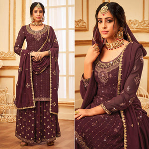 Maroon Embroidered With Embellished Georgette Palazzo Suit