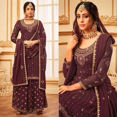 Maroon Embroidered With Embellished Georgette Palazzo Suit