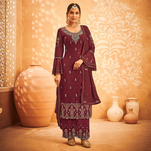 Maroon Embroidered With Embellished Georgette Palazzo Suit