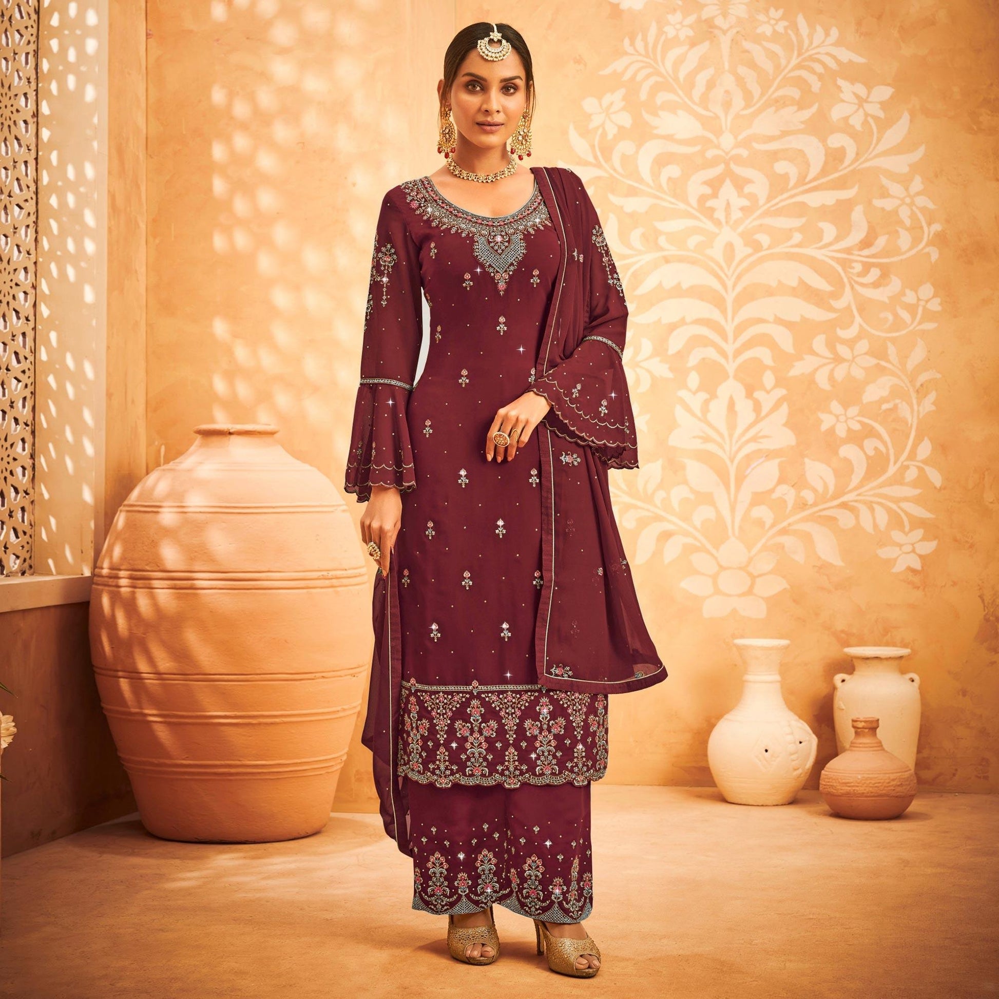 Maroon Embroidered With Embellished Georgette Palazzo Suit