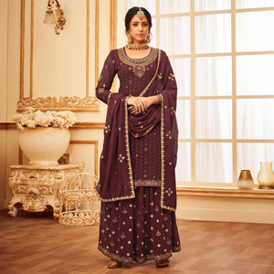 Maroon Embroidered With Embellished Georgette Palazzo Suit