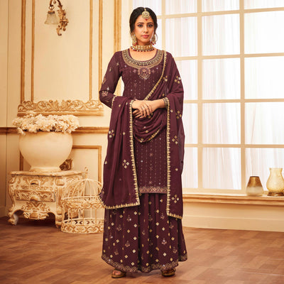 Maroon Embroidered With Embellished Georgette Palazzo Suit