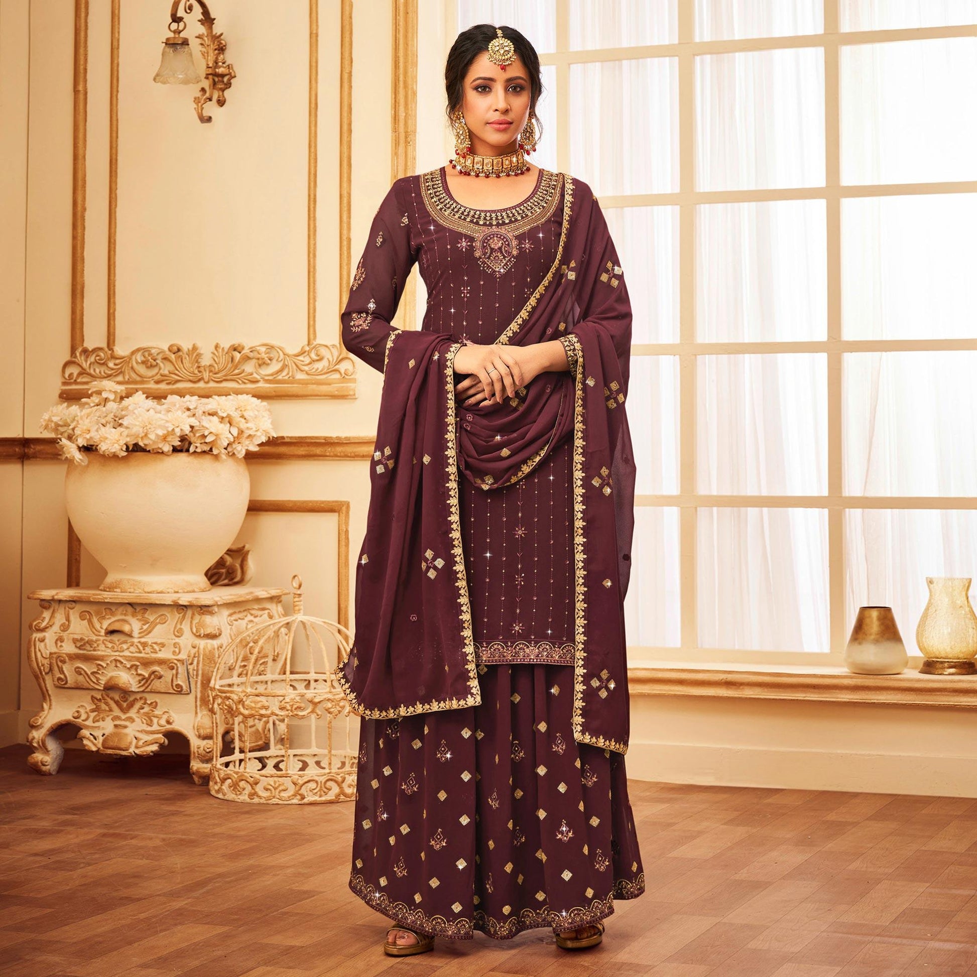 Maroon Embroidered With Embellished Georgette Palazzo Suit