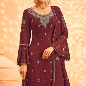 Maroon Embroidered With Embellished Georgette Palazzo Suit