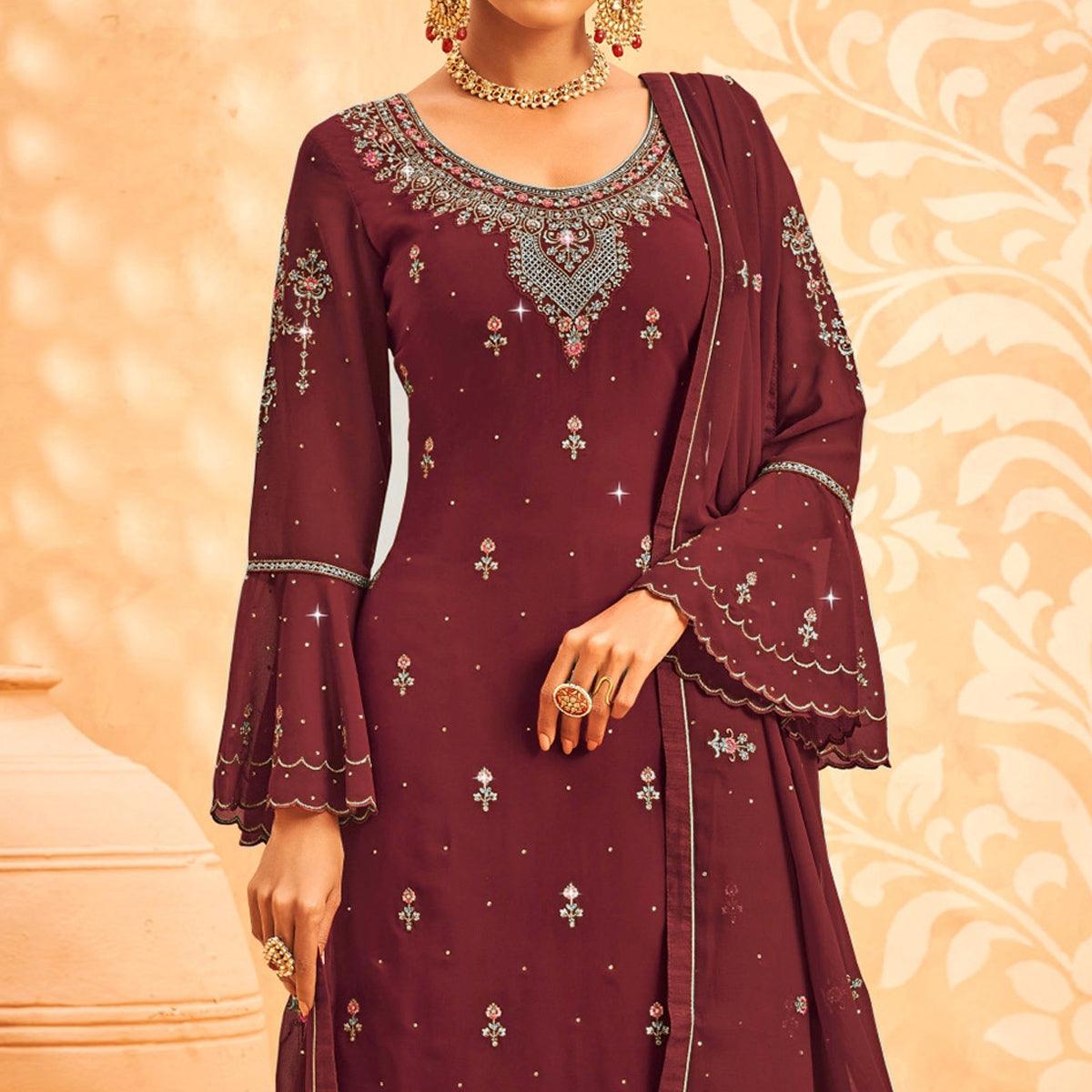 Maroon Embroidered With Embellished Georgette Palazzo Suit