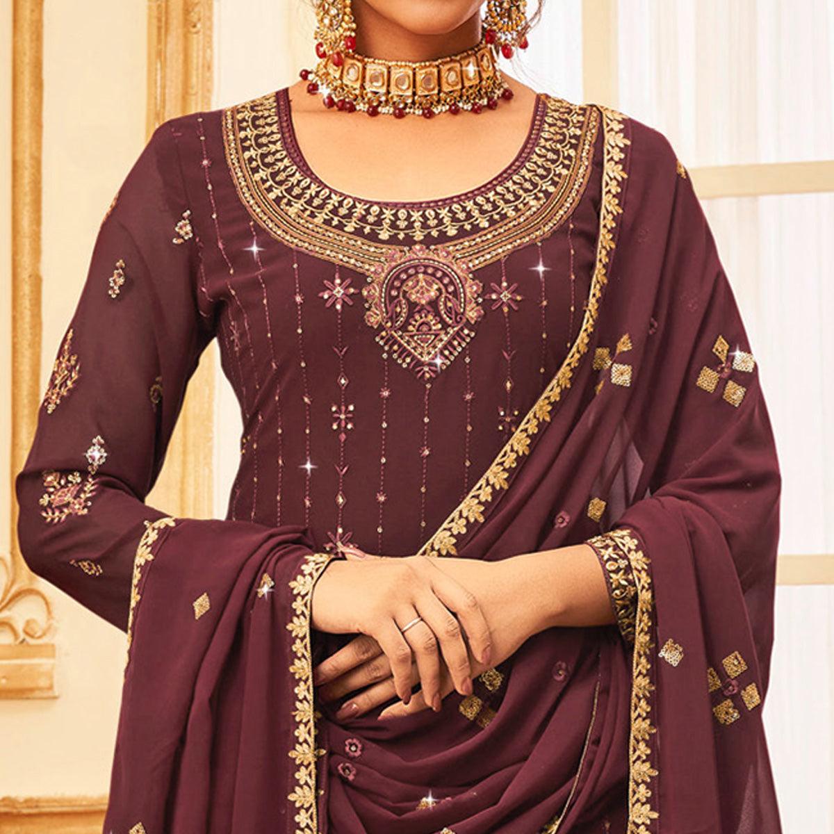 Maroon Embroidered With Embellished Georgette Palazzo Suit