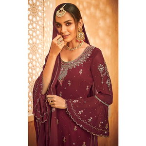 Maroon Embroidered With Embellished Georgette Palazzo Suit