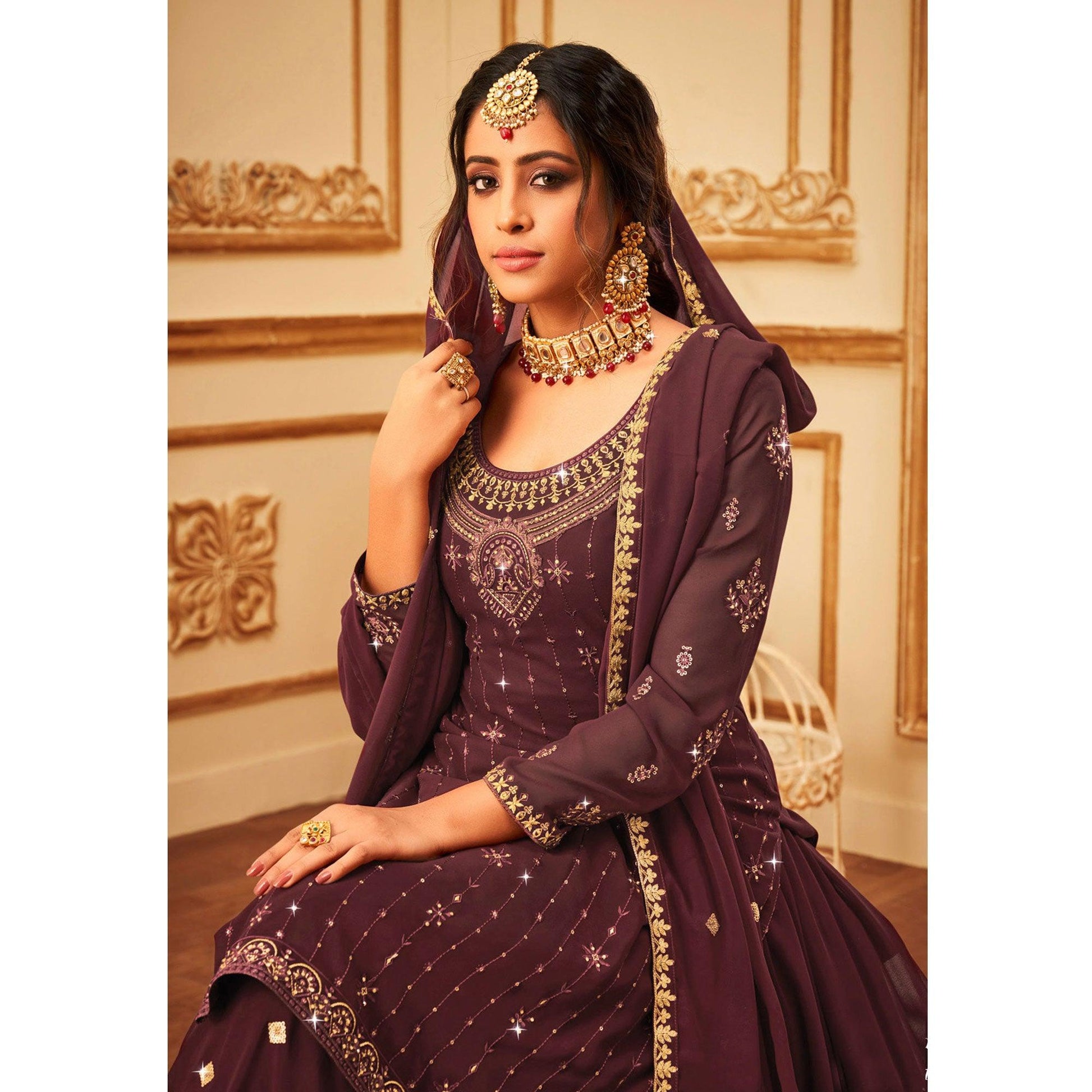 Maroon Embroidered With Embellished Georgette Palazzo Suit