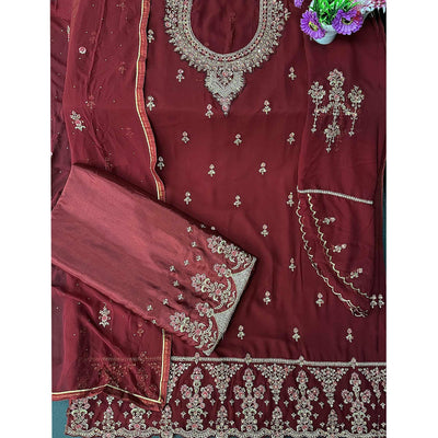 Maroon Embroidered With Embellished Georgette Palazzo Suit