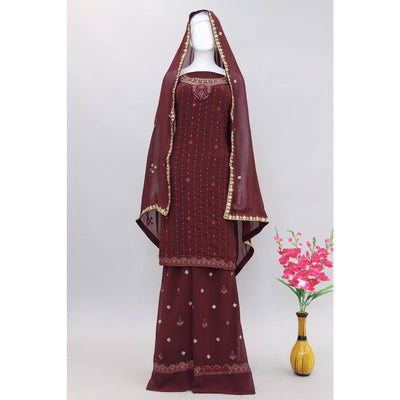 Maroon Embroidered With Embellished Georgette Palazzo Suit