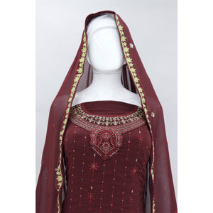 Maroon Embroidered With Embellished Georgette Palazzo Suit