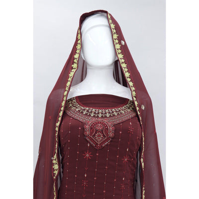 Maroon Embroidered With Embellished Georgette Palazzo Suit