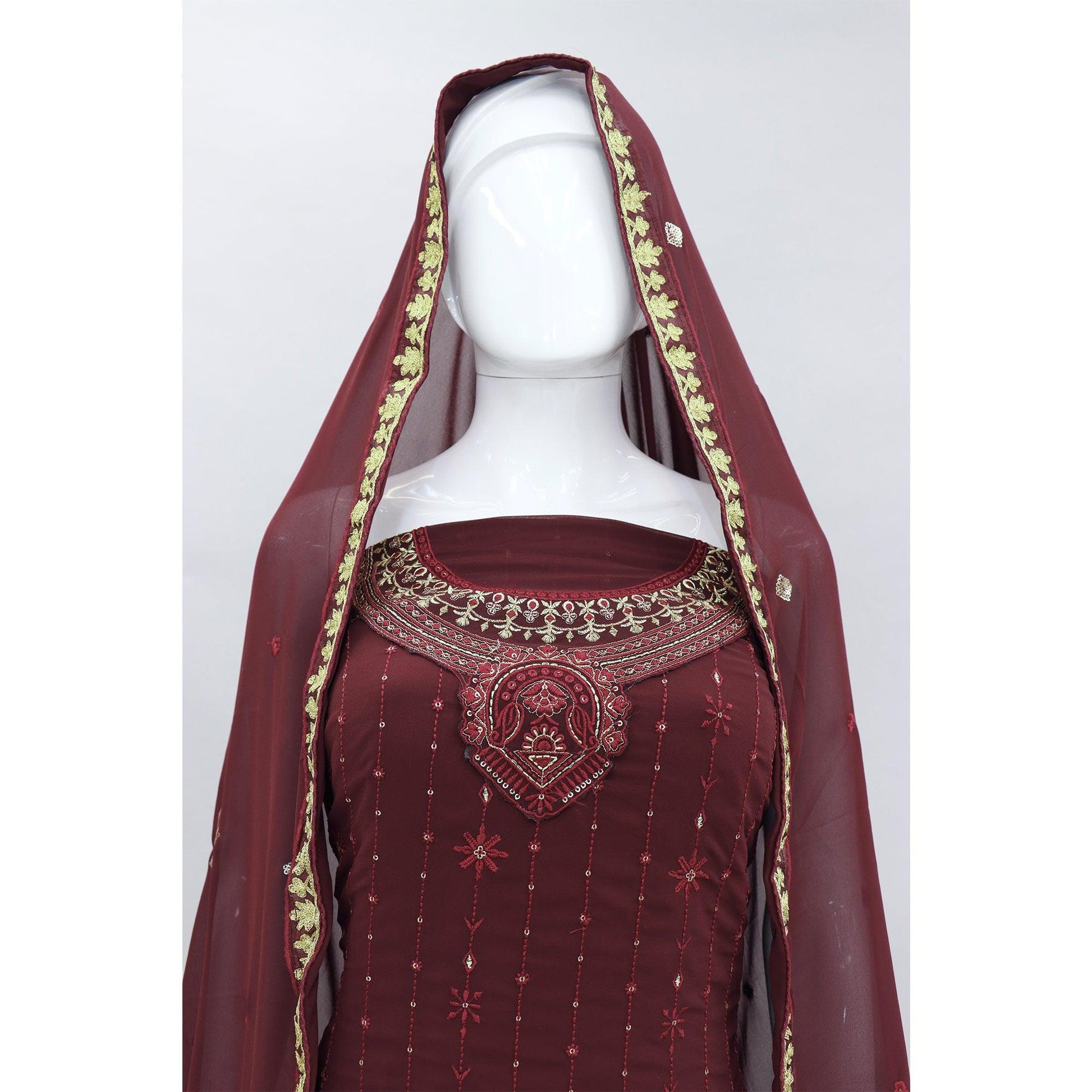 Maroon Embroidered With Embellished Georgette Palazzo Suit