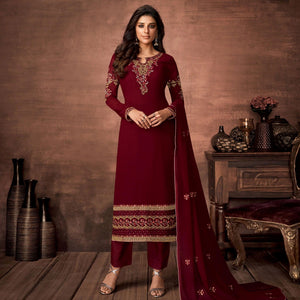 Maroon Embroidered With Embellished Georgette Salwar Suit