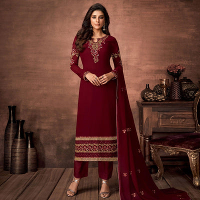 Maroon Embroidered With Embellished Georgette Salwar Suit