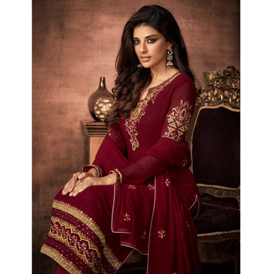 Maroon Embroidered With Embellished Georgette Salwar Suit