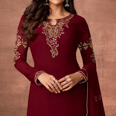 Maroon Embroidered With Embellished Georgette Salwar Suit