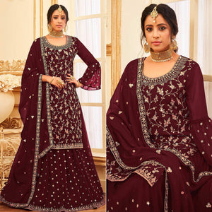 Maroon Embroidered With Embellished Georgette Sharara Suit