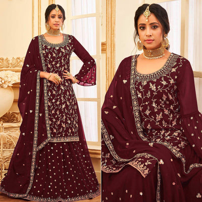 Maroon Embroidered With Embellished Georgette Sharara Suit