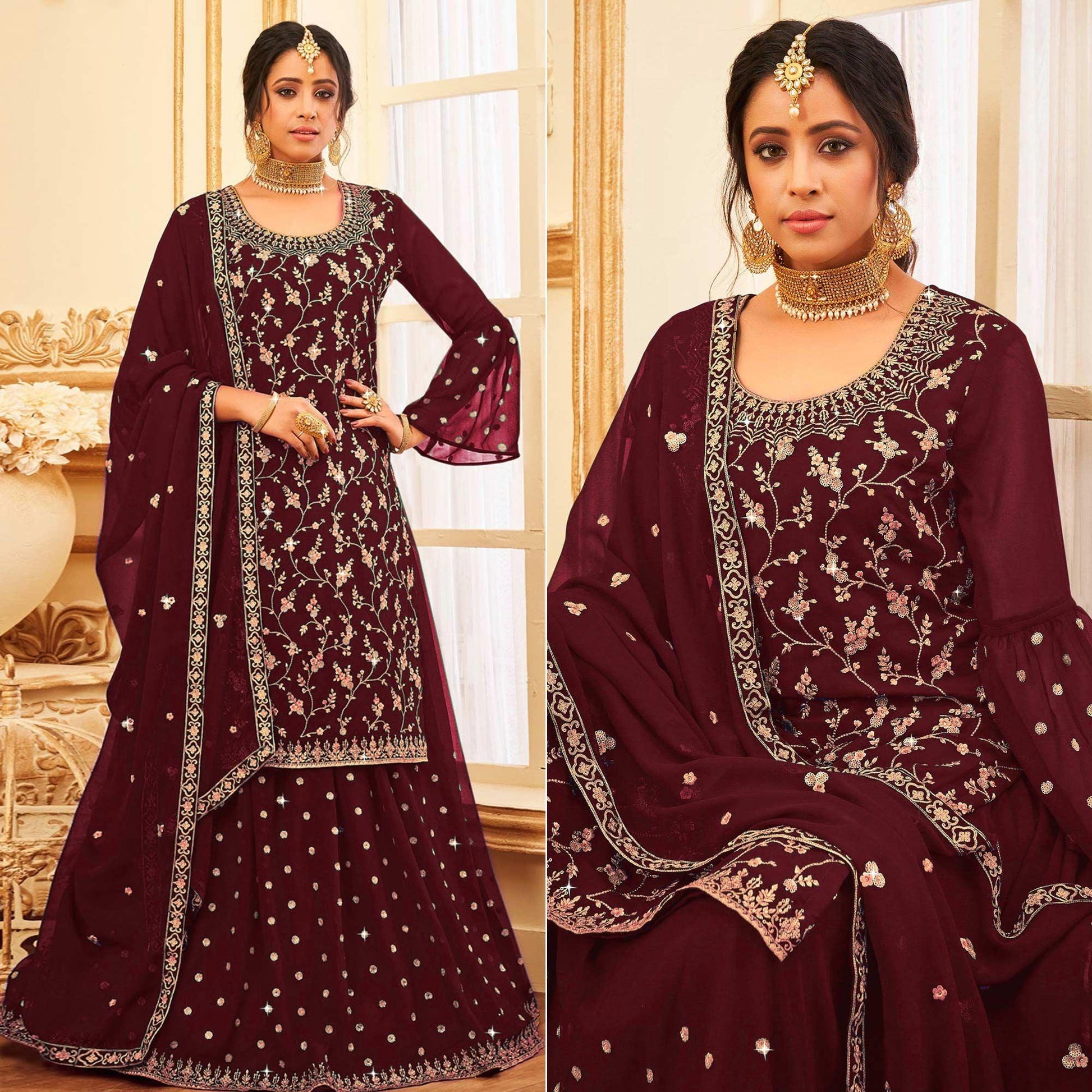 Maroon Embroidered With Embellished Georgette Sharara Suit
