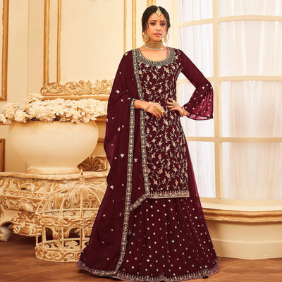 Maroon Embroidered With Embellished Georgette Sharara Suit