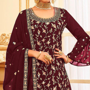Maroon Embroidered With Embellished Georgette Sharara Suit