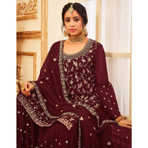 Maroon Embroidered With Embellished Georgette Sharara Suit