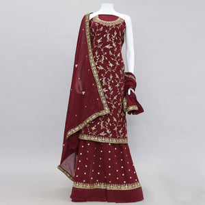 Maroon Embroidered With Embellished Georgette Sharara Suit