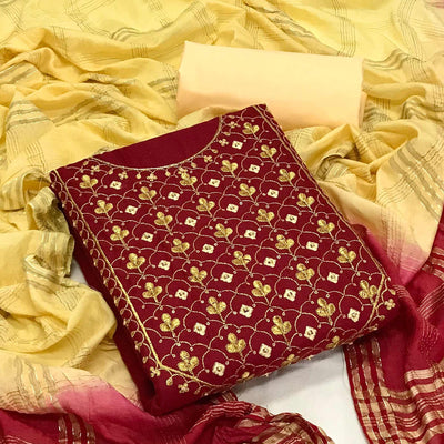 Maroon Embroidered With Embellished Cotton Blend Dress Material