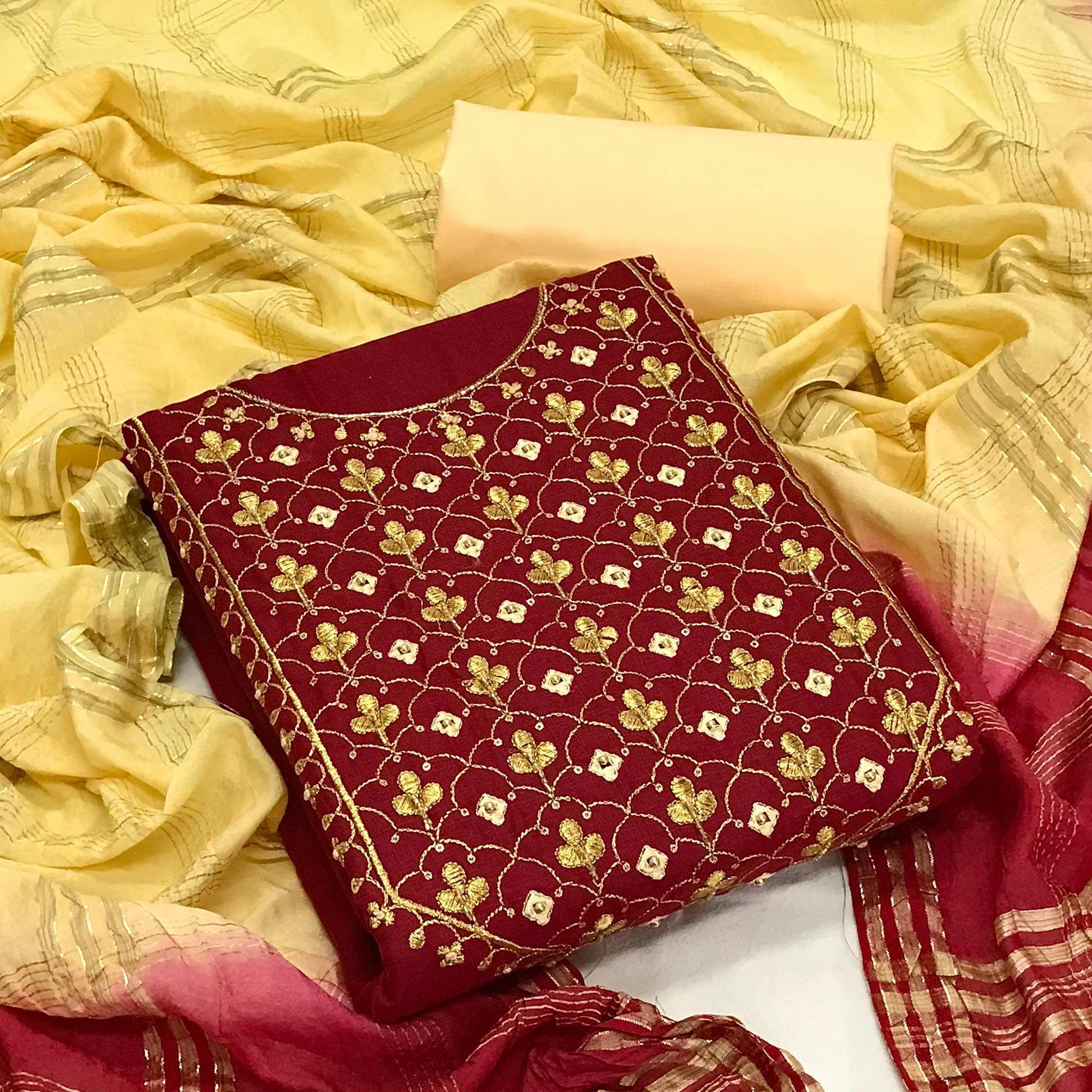 Maroon Embroidered With Embellished Cotton Blend Dress Material