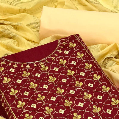 Maroon Embroidered With Embellished Cotton Blend Dress Material