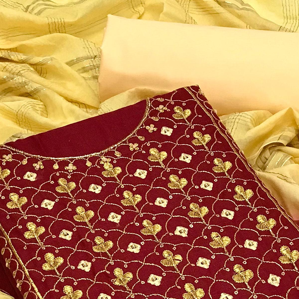 Maroon Embroidered With Embellished Cotton Blend Dress Material