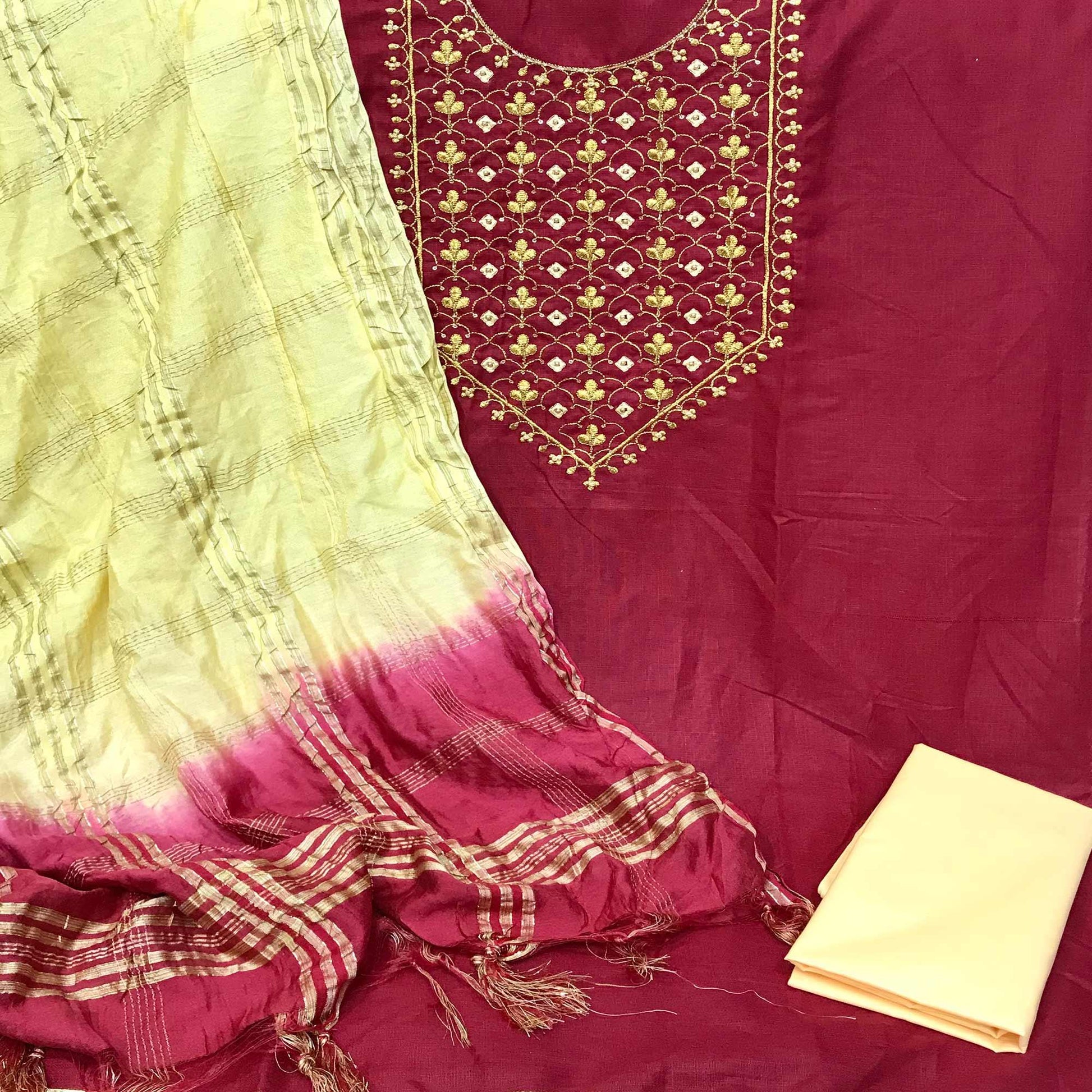 Maroon Embroidered With Embellished Cotton Blend Dress Material