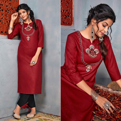 Maroon Embroidered With Embellished Rayon Kurti Pant Set